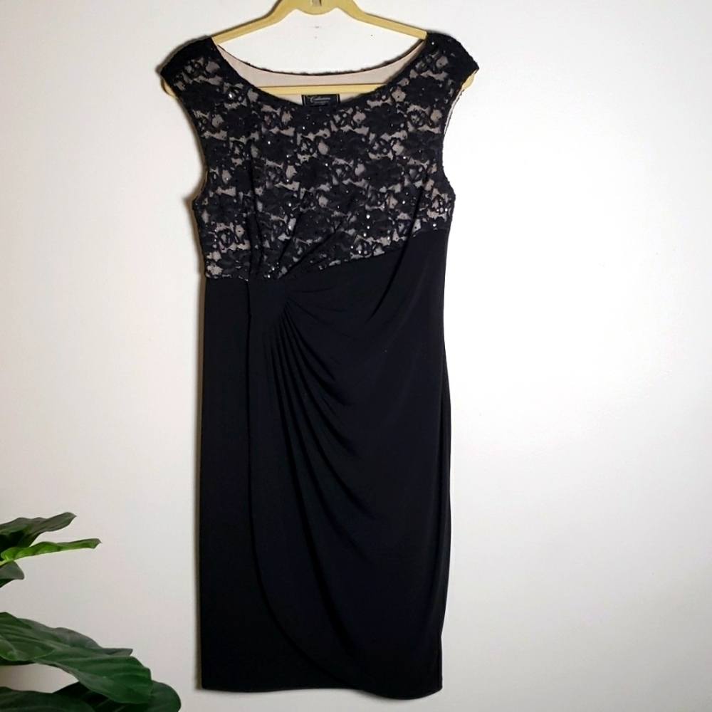 Black cocktail dress, ruching, lace bust, beaded and sequin, open neck 12 petite